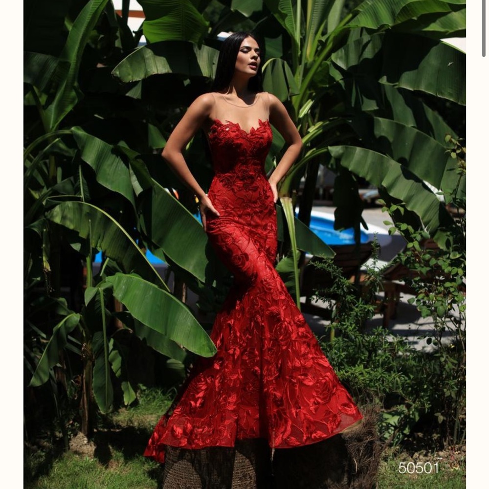 NWT Tarik Ediz Prom 50501 Red Lace Evening Gown Dress size 6 / 38